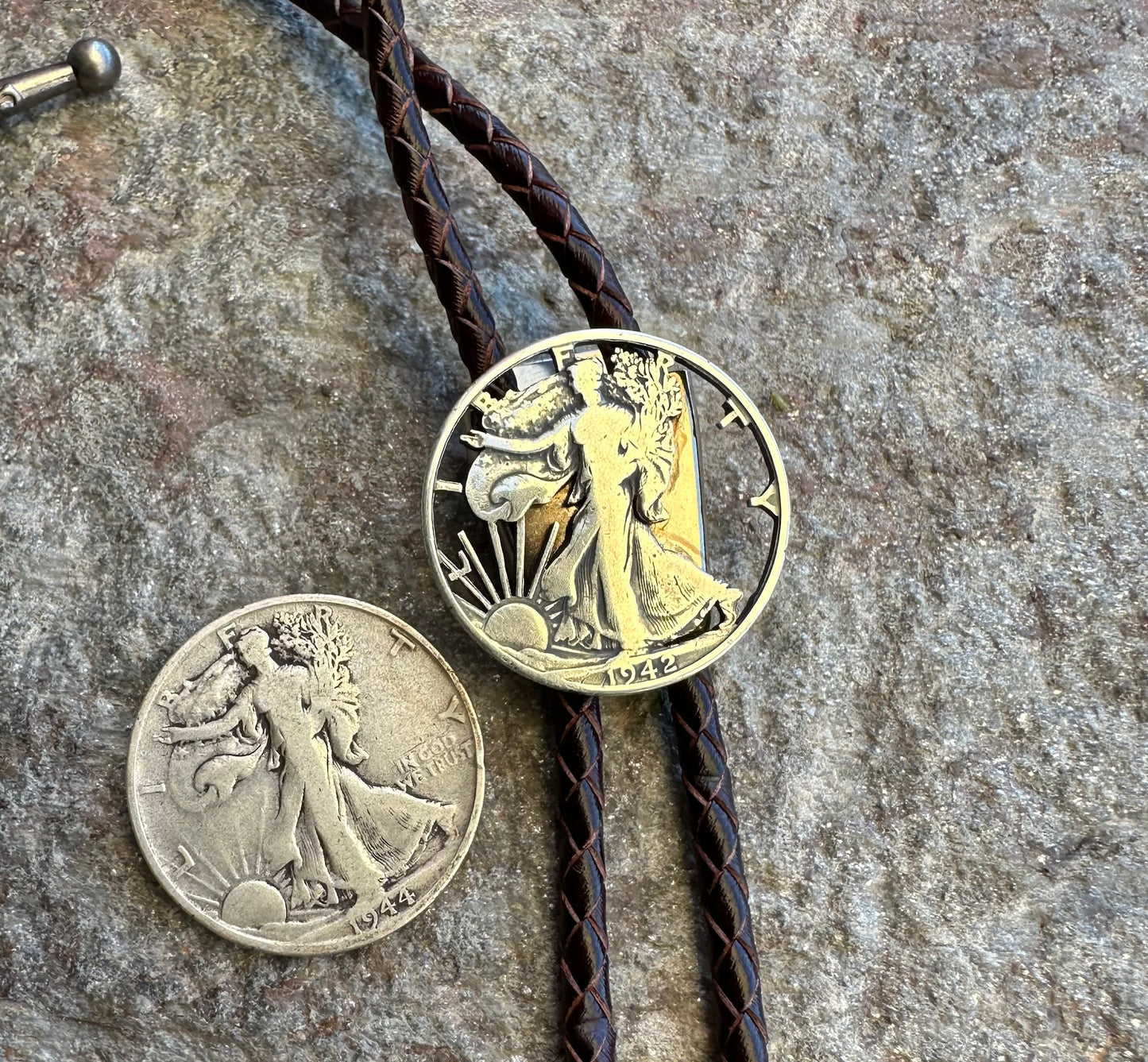 US Silver Walking Liberty Half Dollar Hand Cut Coin Bolo Tie - Mountainstruck Coin Jewelry