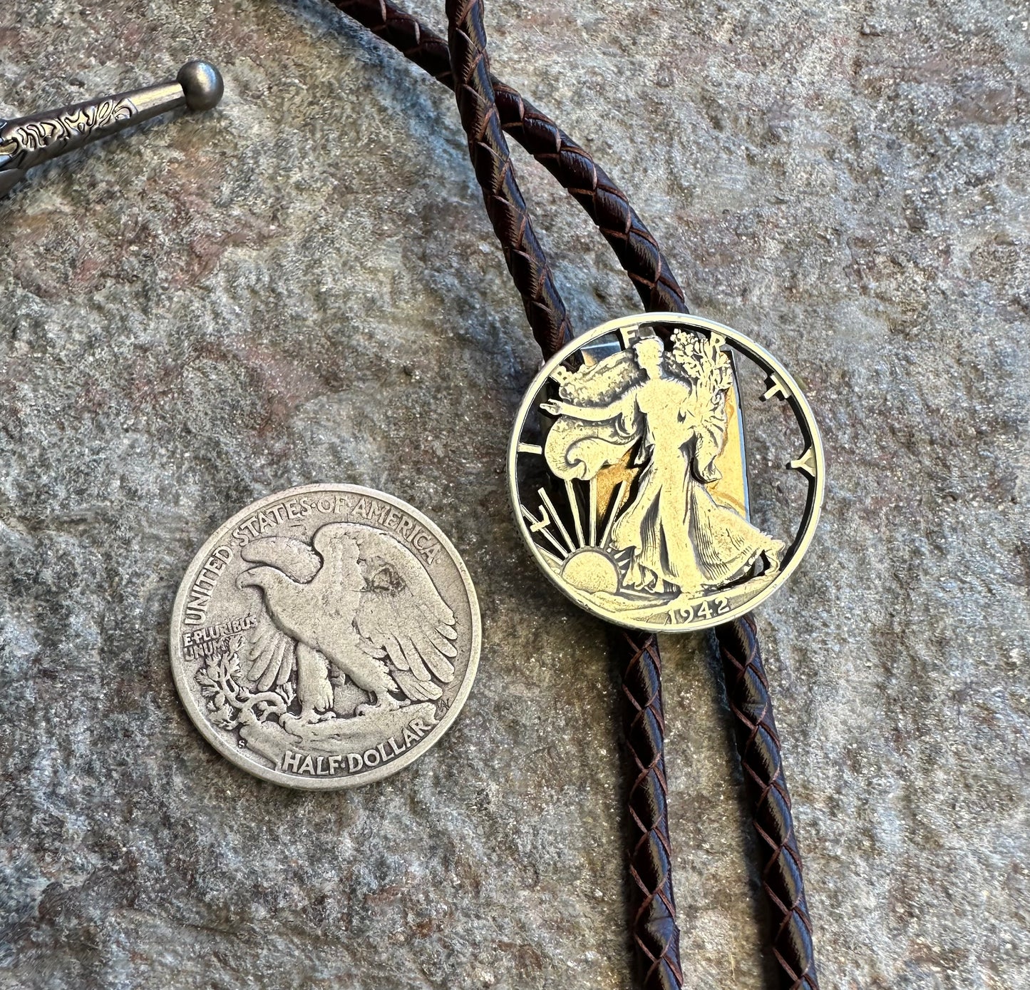 US Silver Walking Liberty Half Dollar Hand Cut Coin Bolo Tie - Mountainstruck Coin Jewelry