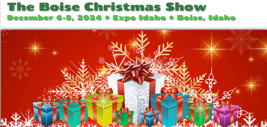 Top of the picture is a white banner with dark green text "The Boise Christmas Show" and light green text with "December 6-8, 2024 | Expo Idaho | Boise, Idaho". Below the white banner is a bright red background with yellow/gold stars and snowflakes surrounding a pile of variously colored presents. - Mountainstruck Coin Jewelry