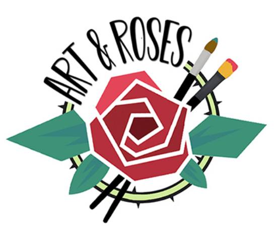 Art and Roses Logo with drawn red rose and green leaves with two paint brushes laid behind the rose. - Mountainstruck Coin Jewelry