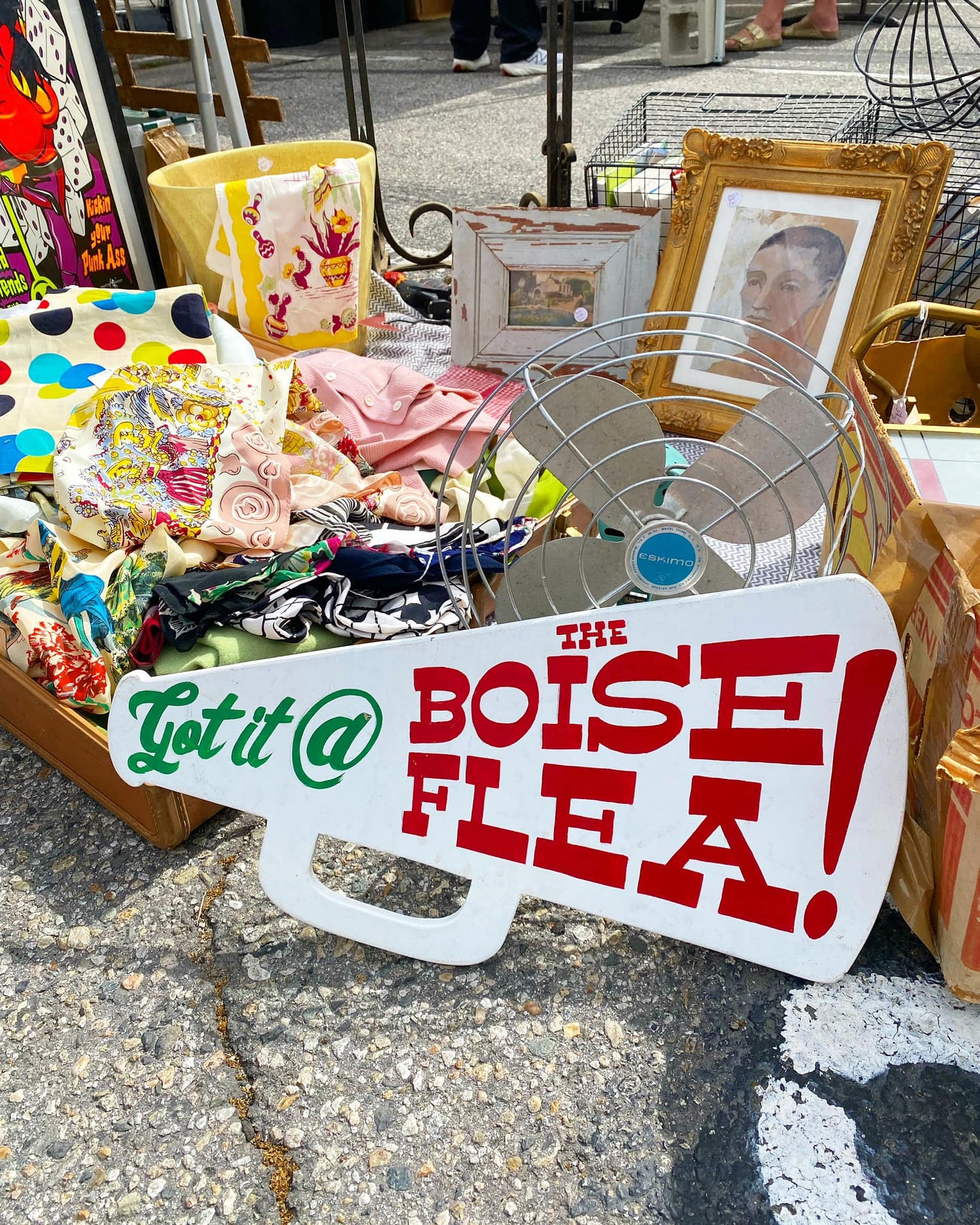 Vintage Items with a white wooden microphone with the text "Get it @ the Boise Flea!" in green & red. - Mountainstruck Coin Jewelry