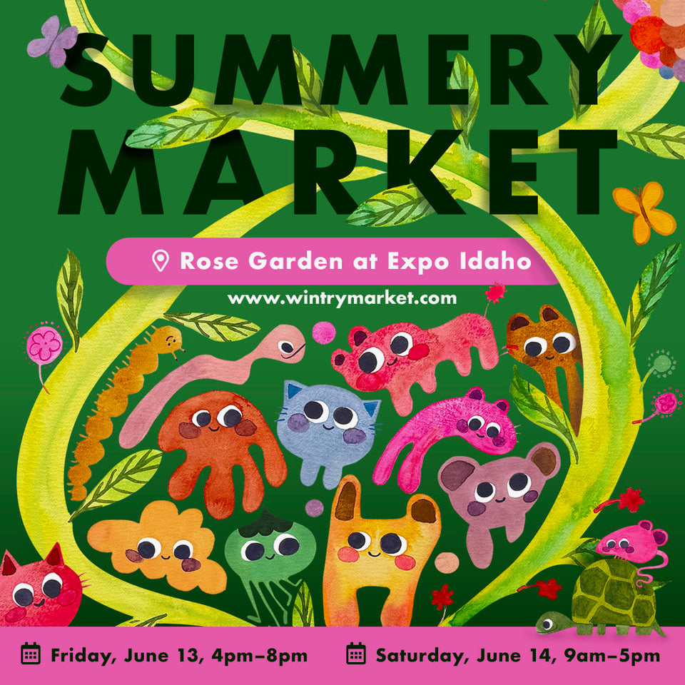 Summery Market 2025 advertisement with a dark green background, light green vines with cute colorful exaggerated cartoon animals between the vines. - Mountainstruck Coin Jewelry
