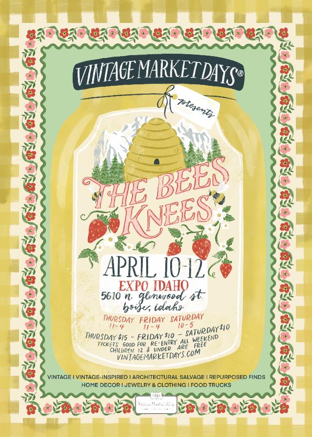 Vintage Market Days advertisement with bright yellow jar in the center, picnic like border along outside and all event info on the jar. - Mountainstruck Coin Jewelry