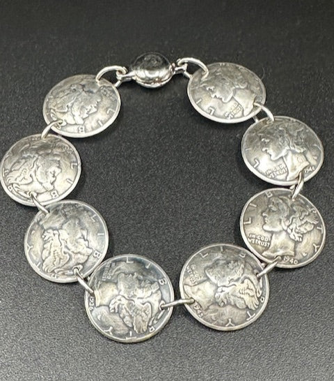 U.S. Mercury Dime Silver Coin Bracelet on a black background. - Mountainstruck Coin Jewelry