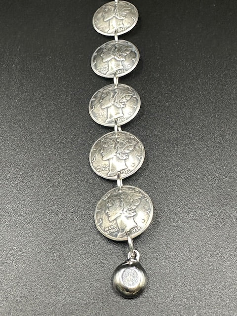 U.S. Mercury Dime Silver Coin Bracelet end on a black background. - Mountainstruck Coin Jewelry