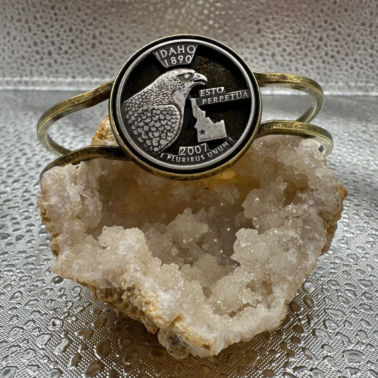 U.S. State Quarter Hand Cut Bronze Coin Bracelet featuring Idaho on a geode - Mountainstruck Coin Jewelry