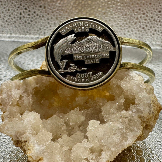 U.S. State Quarter Hand Cut Bronze Coin Bracelet featuring Washington on a geode - Mountainstruck Coin Jewelry