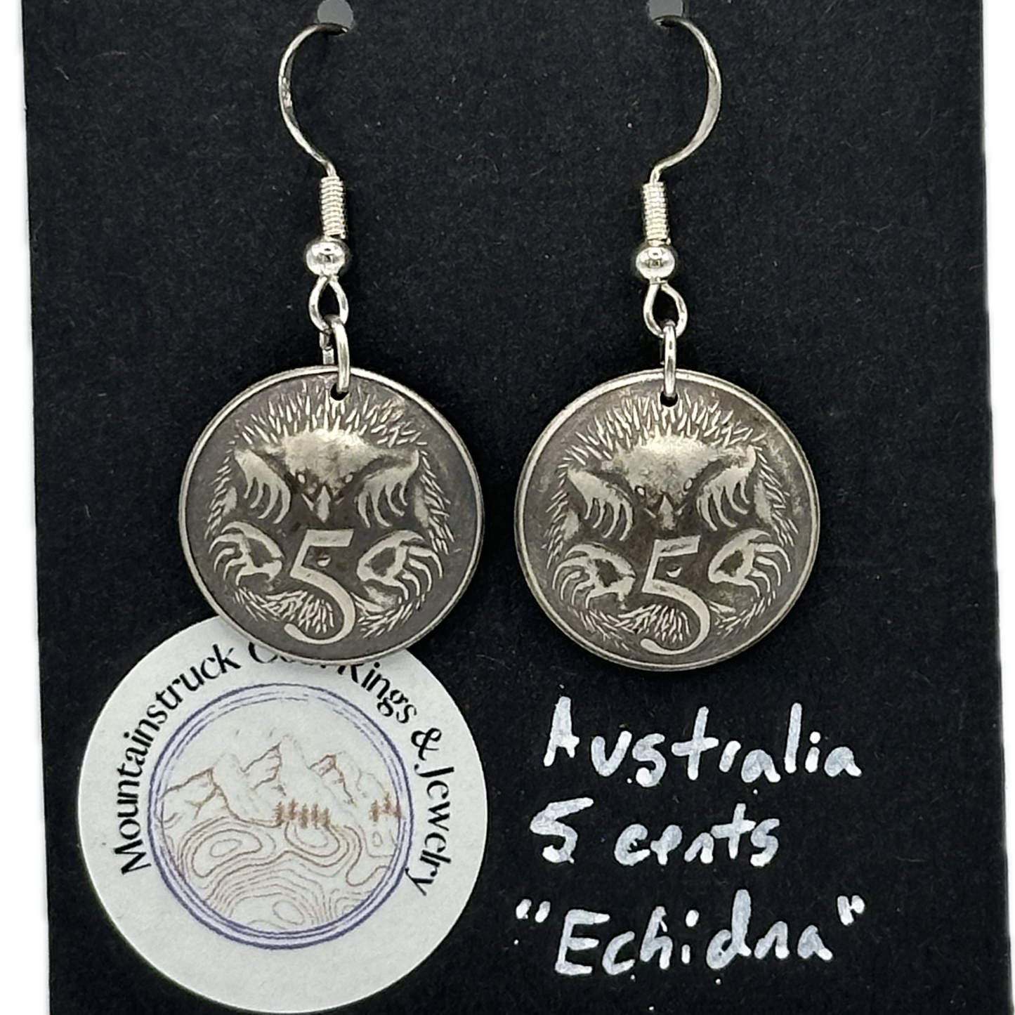 Echidna Australia 5 Cent Domed Coin Earrings on a black background - Mountainstruck Coin Jewelry