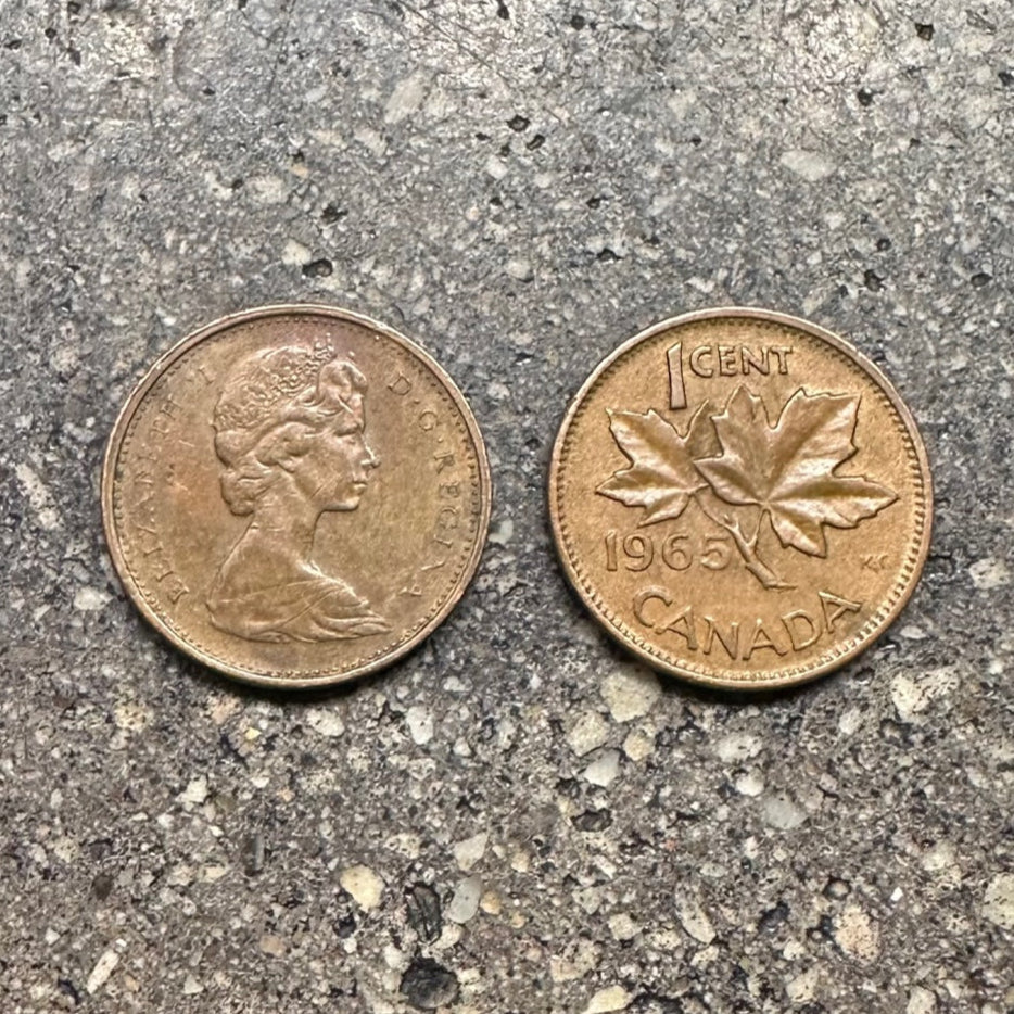 Canada Maple Leaf Penny on a concrete background. Front face on left side and back on right side of picture. - Mountainstruck Coin Jewelry