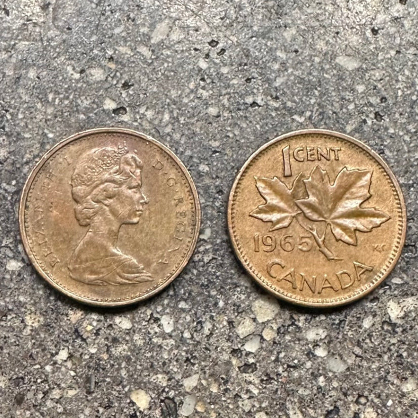 Canada Maple Leaf Penny on a concrete background. Front face on left side and back on right side of picture. - Mountainstruck Coin Jewelry