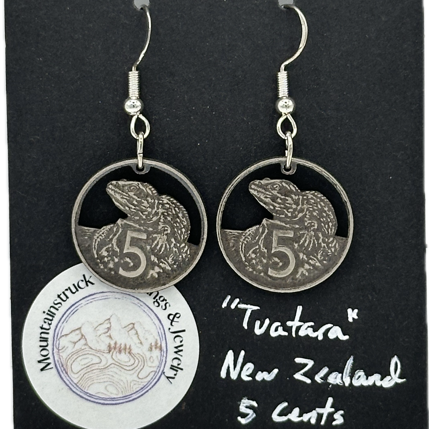 New Zealand Tuatara 5 Cents Hand Cut Coin Earrings - Mountainstruck Coin Jewelry