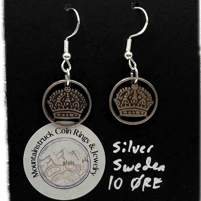 Sweden Crown 10 Ore Hand Cut Silver Coin Earrings on a black background - Mountainstruck Coin Jewelry