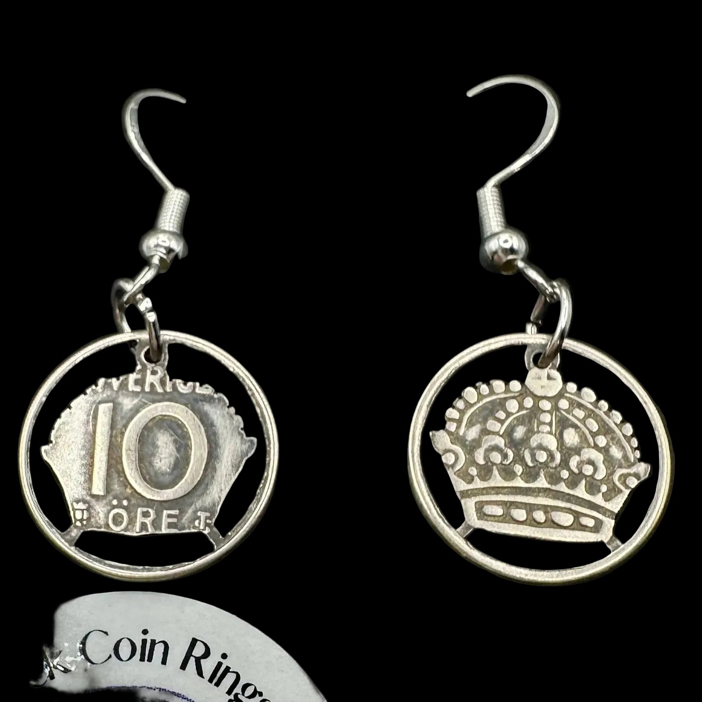 Sweden Crown 10 Ore Hand Cut Silver Coin Earrings on a black background - Mountainstruck Coin Jewelry
