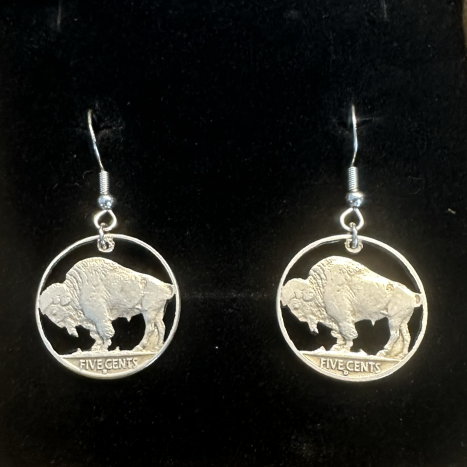 U.S. Buffalo Nickel Coin Earrings in a brown kraft box on a black velvet background. - Mountainstruck Coin Jewelry
