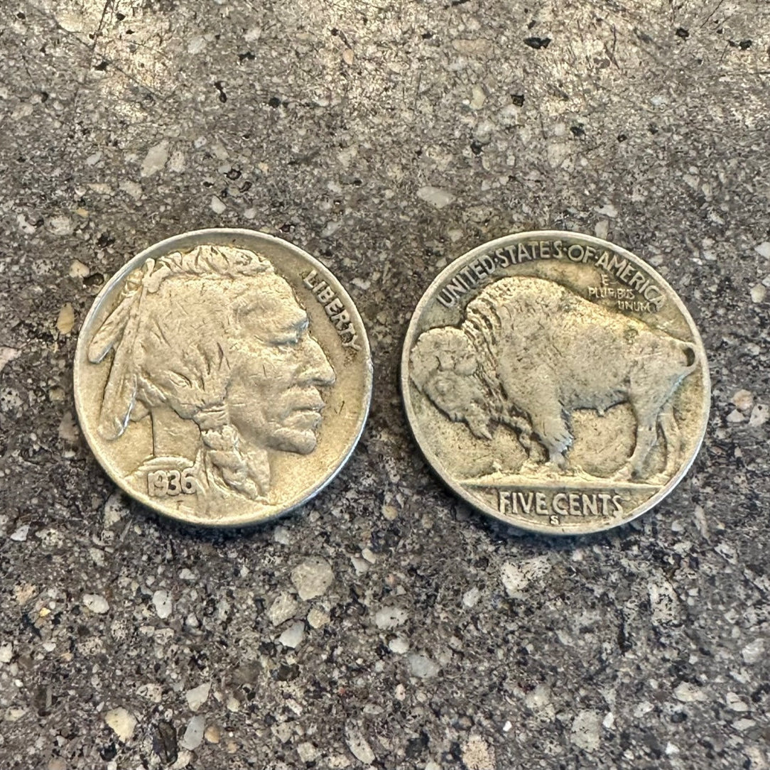 U.S. Buffalo Nickel Coin on concrete background. Front of coin is on the left side of the picture and back side of coin on the right side. - Mountainstruck Coin Jewelry