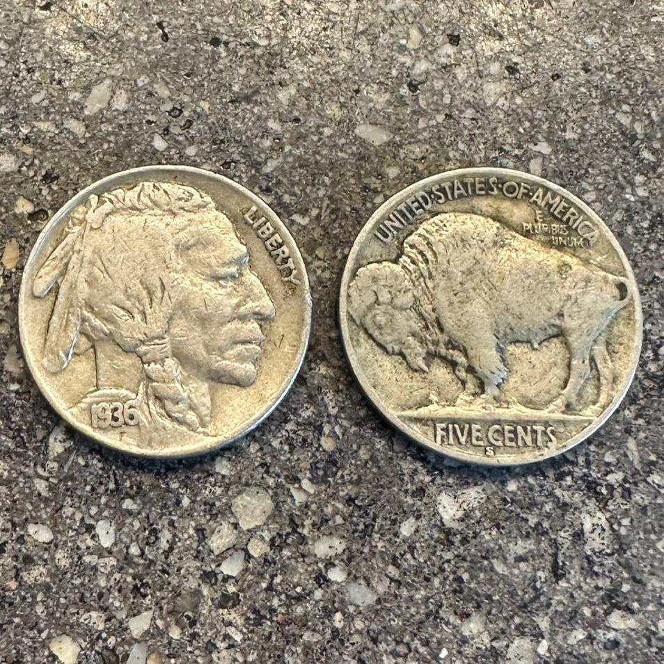U.S. Buffalo Nickel Coin on concrete background. Front of coin is on the left side of the picture and back side of coin on the right side. - Mountainstruck Coin Jewelry