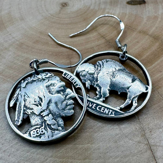 U.S. Buffalo Nickel Hand Cut Coin Earrings (combo) with sterling silver earring hooks on a wood background. - Mountainstruck Coin Jewelry