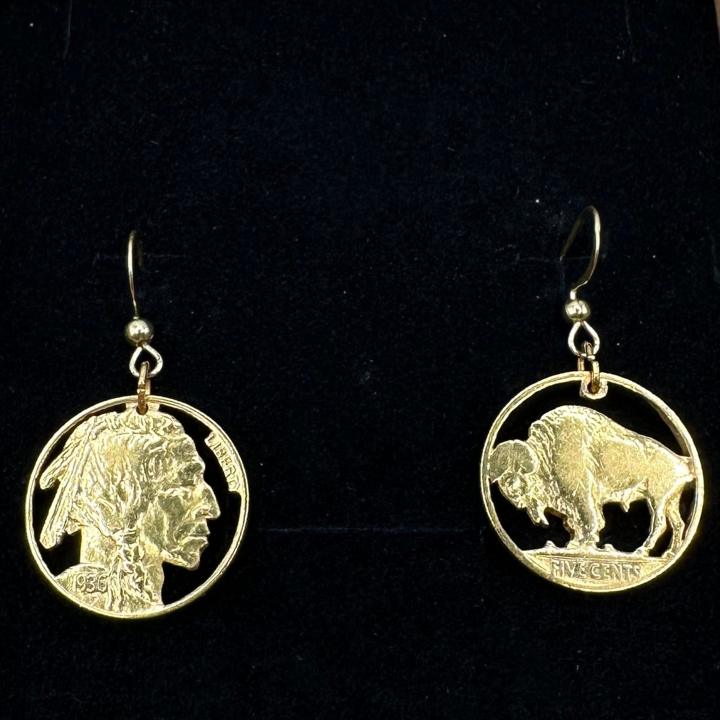 U.S. Buffalo Nickel Hand Cut Coin Earrings (combo) 24K Gold Plated with a black velvet background. - Mountainstruck Coin Jewelry