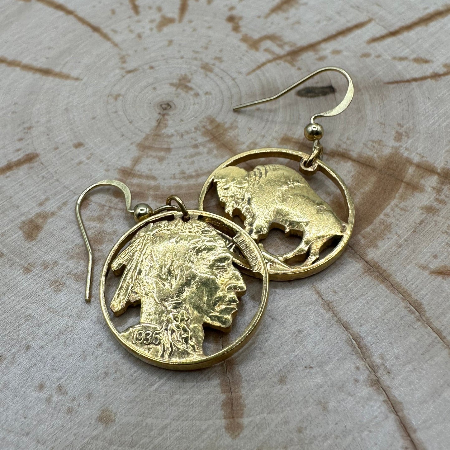 U.S. Buffalo Nickel Hand Cut Coin Earrings (combo) 24K Gold Plated on a wood background. - Mountainstruck Coin Jewelry