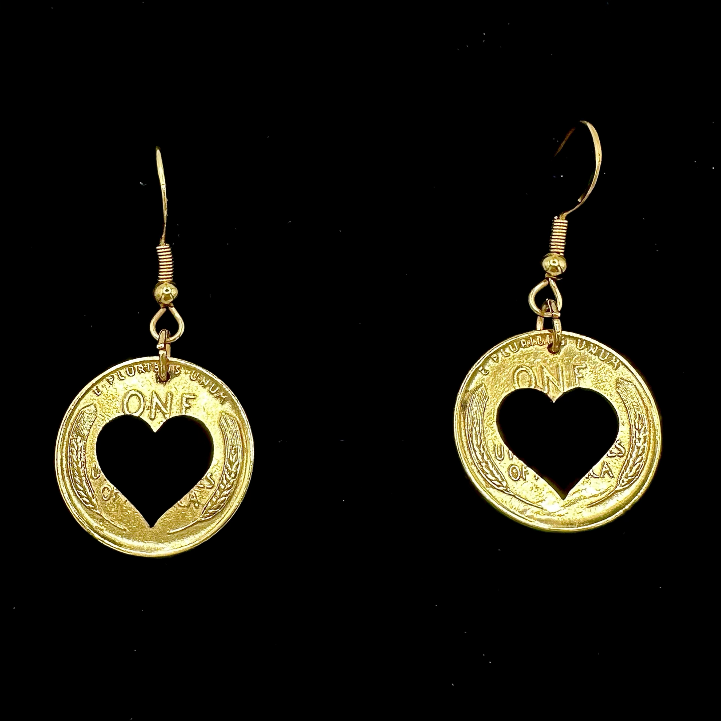 U.S. Wheat Penny Heart Hand Cut Coin Earrings gold plated- Mountainstruck Coin Jewelry