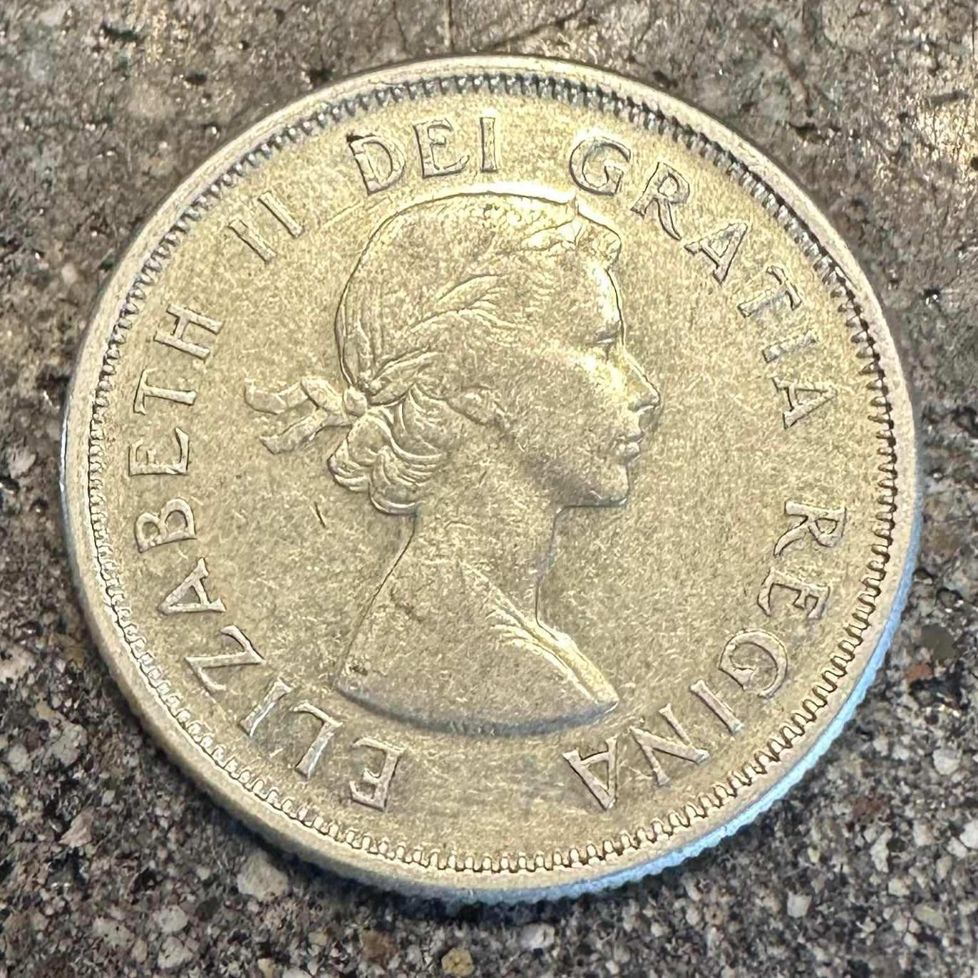 Caribou Canada Silver 25 Cent Coin front on a concrete background. - Mountainstruck Coin Jewelry