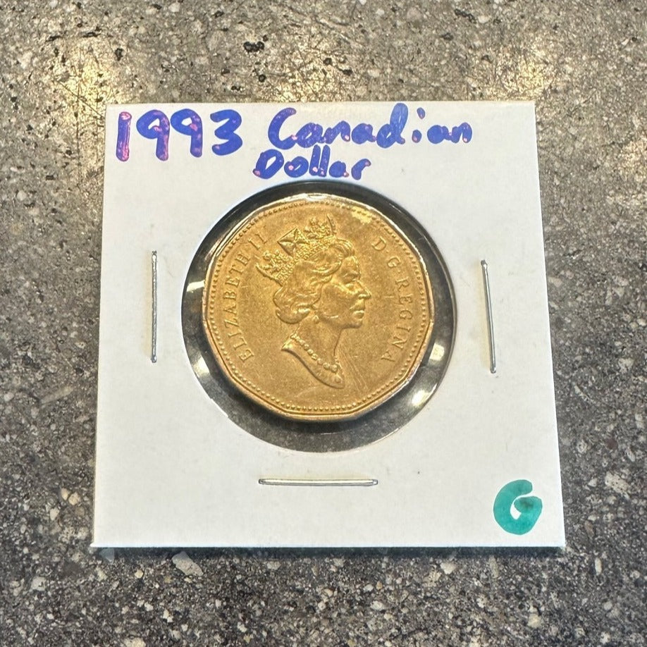 Canadian Loonie 1 Dollar coin front in a white cardboard and plastic sleeve. - Mountainstruck Coin Jewelry