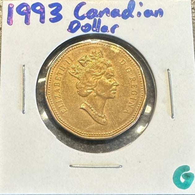 Canadian Loonie 1 Dollar coin front in a white cardboard and plastic sleeve. - Mountainstruck Coin Jewelry