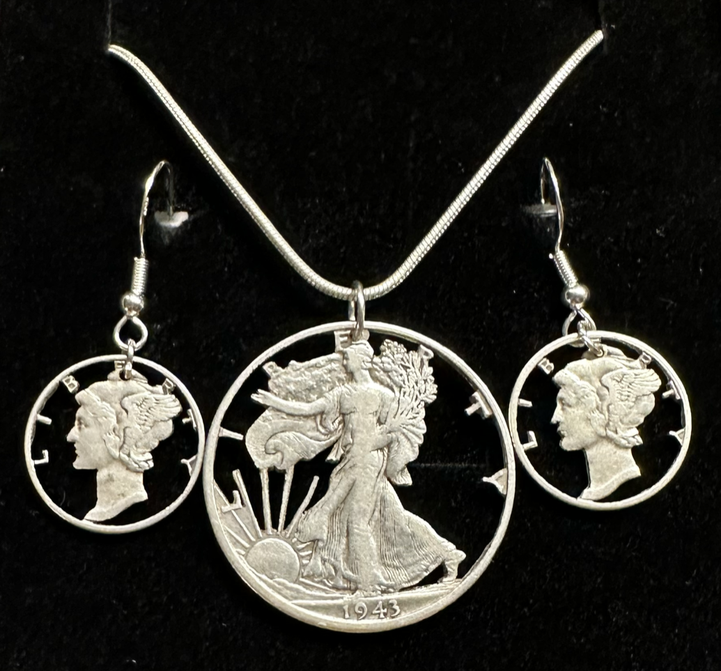 U.S. Lady Liberty Hand Cut Silver Coin Collection (snake chain) on a black velvet background- Mountainstruck Coin Jewelry