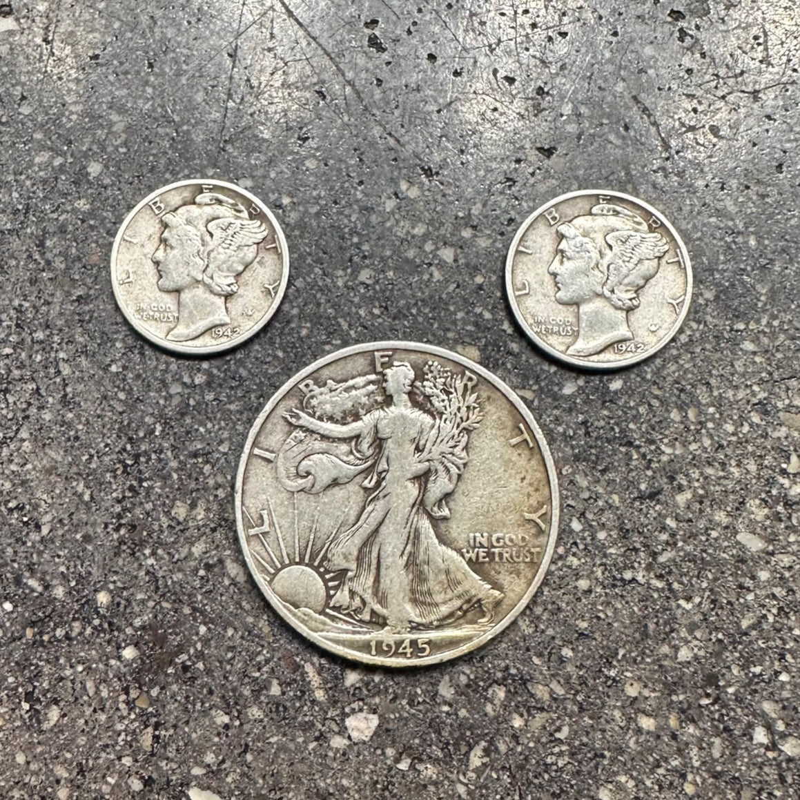 U.S. Mercury Dimes & Walking Liberty front of coins on concrete background. - Mountainstruck Coin Jewelry