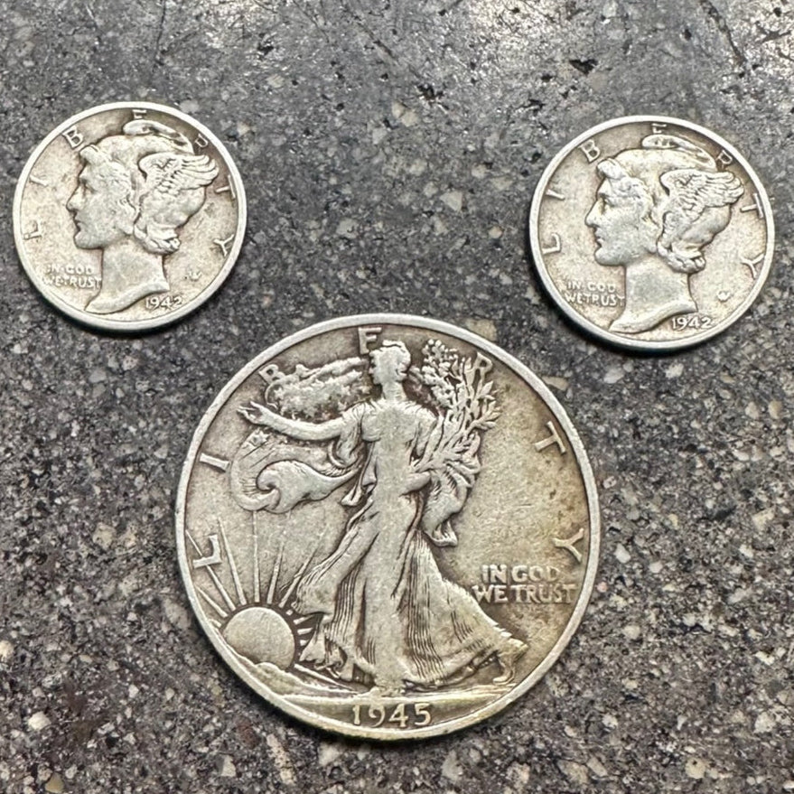 U.S. Mercury Dimes & Walking Liberty front of coins on concrete background. - Mountainstruck Coin Jewelry