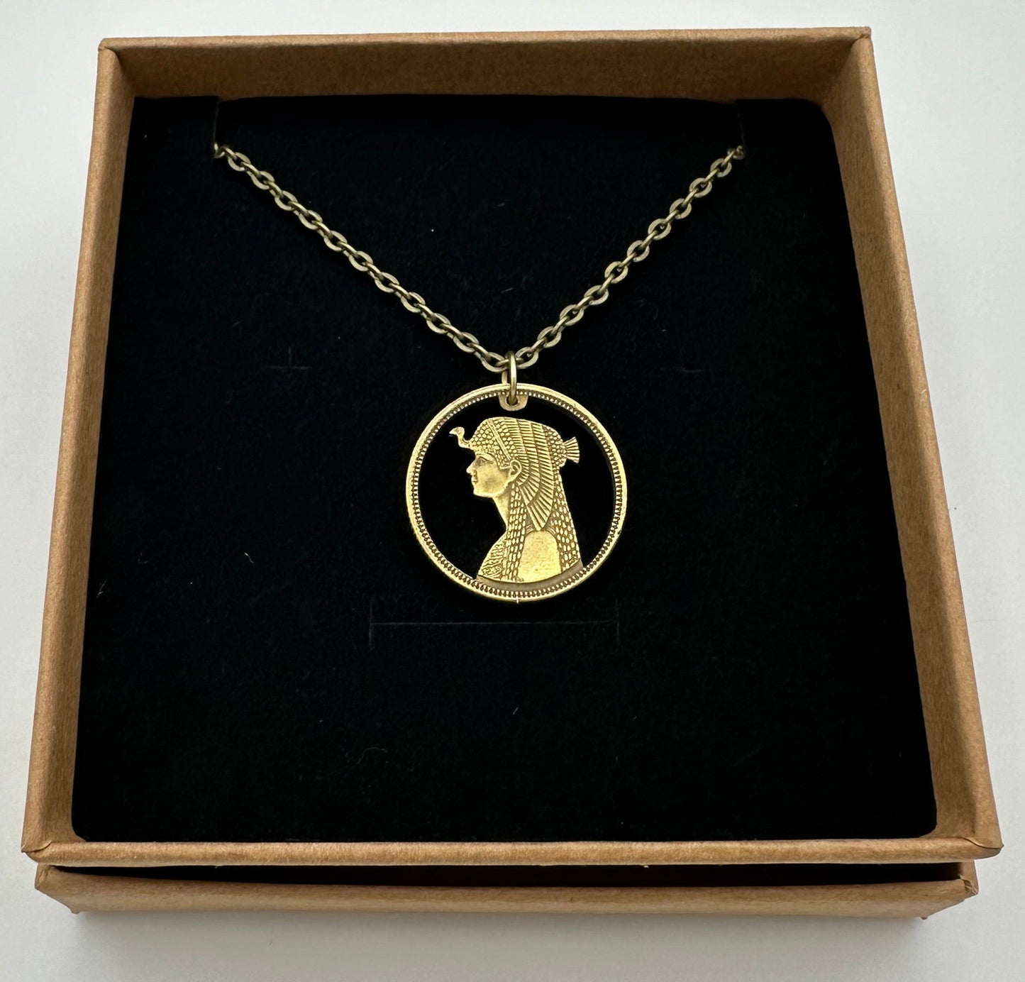 Egypt Cleopatra 50 Qirsh/Piastres Hand Cut Coin Necklace - Mountainstruck Coin Jewelry