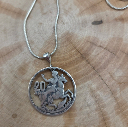 Greek 20 Drachmai Hand Cut Silver Coin Necklace on wood background. - Mountainstruck Coin Jewelry
