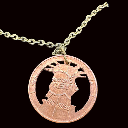 Close up back of U.S. Authentic Copper Statue of Liberty Token Hand Cut Coin Necklace - Mountainstruck Coin Jewelry