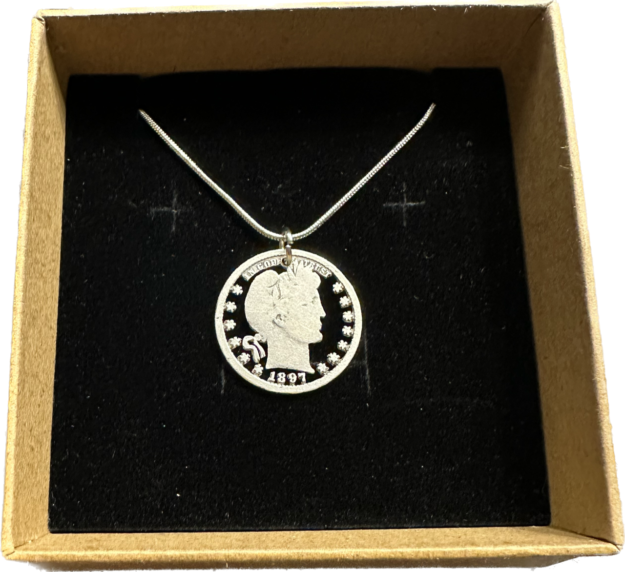 U.S. Barber Quarter Hand Cut Silver Coin Necklace with a snake chain -Mountainstruck Coin Jewelry
