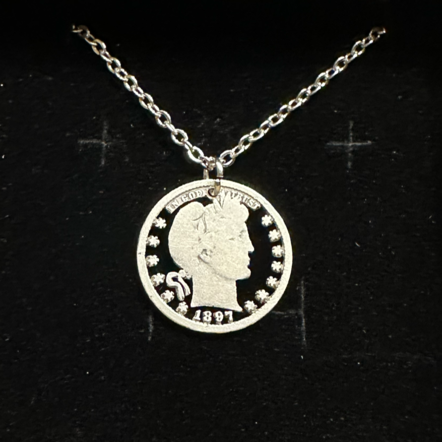 U.S. Barber Quarter Hand Cut Silver Coin Necklace with a stainless chain - Mountainstruck Coin Jewelry