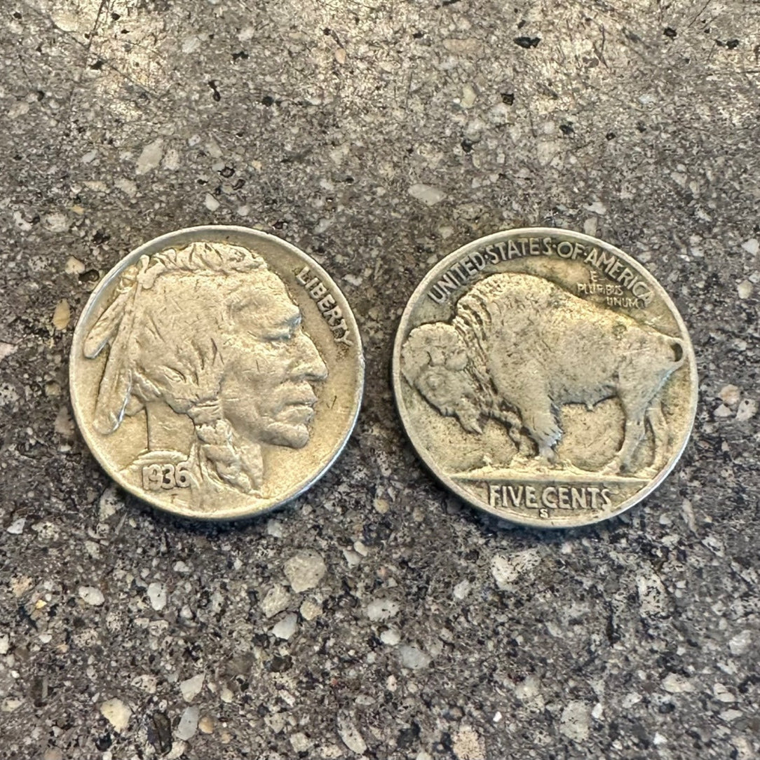 U.S. Buffalo Nickel Coin on a concrete background. Front side of the coin is on the left side of the picture and back side of coin on the right. - Mountainstruck Coin Jewelry