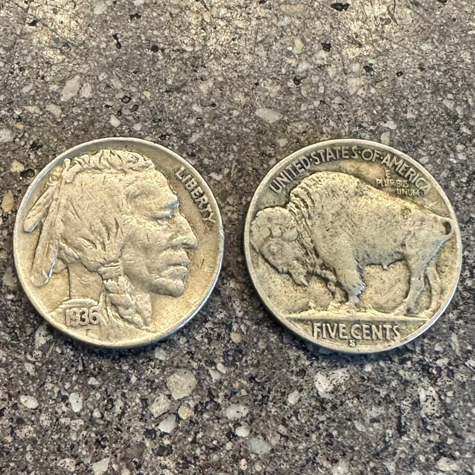 U.S. Buffalo Nickel Coin on a concrete background. Front side of coin on the left side of the picture and back side of coin on the right. - Mountainstruck Coin Jewelry
