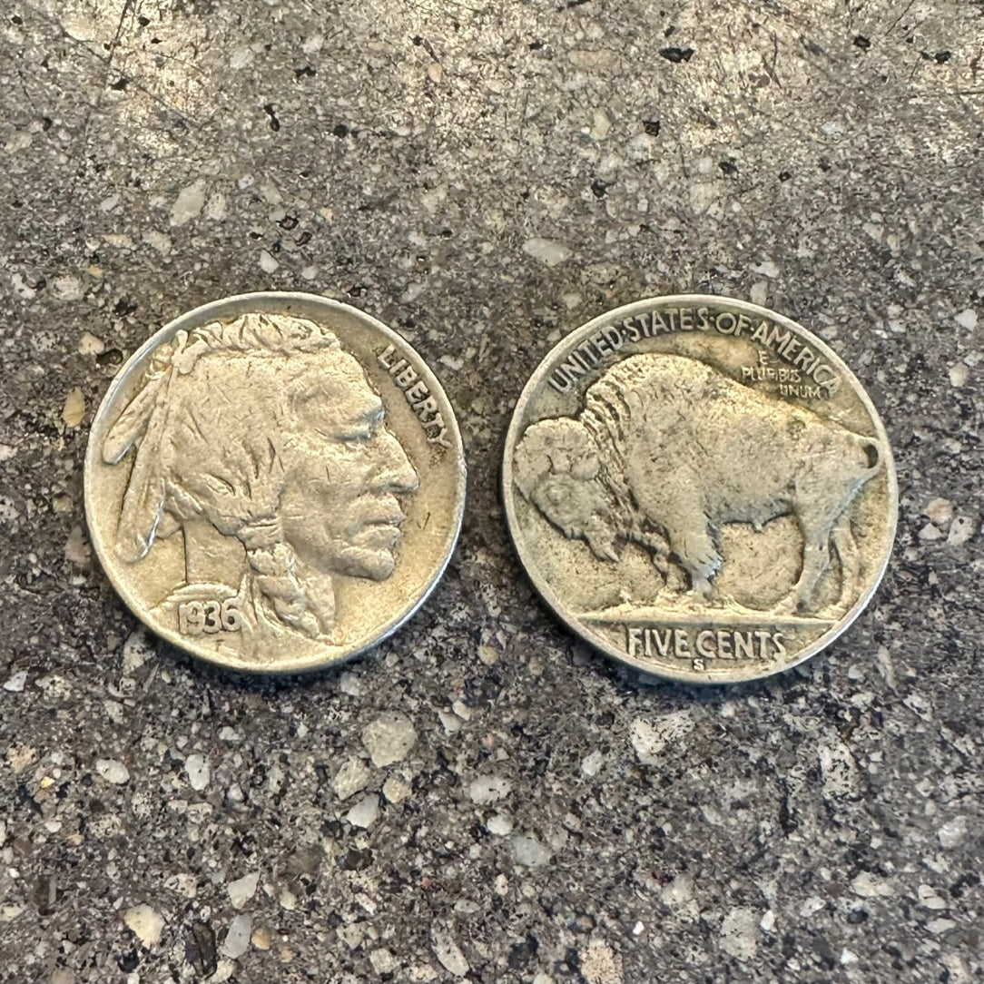 U.S. Buffalo Nickel Coin on a concrete background. Front side of coin on the left side of the picture and back side of coin on the right. - Mountainstruck Coin Jewelry