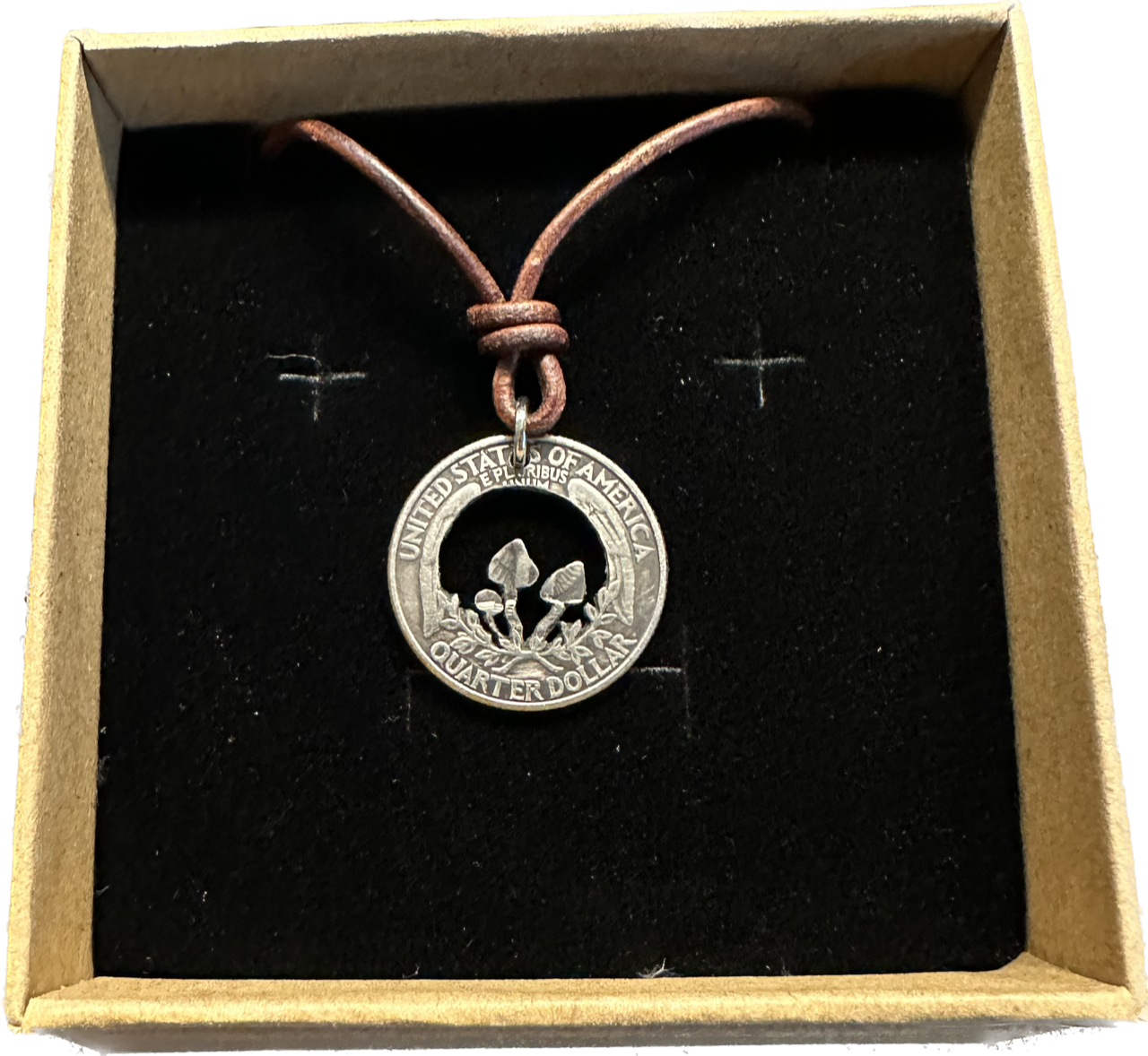 U.S. Custom Mushroom Quarter Hand Cut Coin Necklace with leather cord - Mountainstruck Coin Jewelry