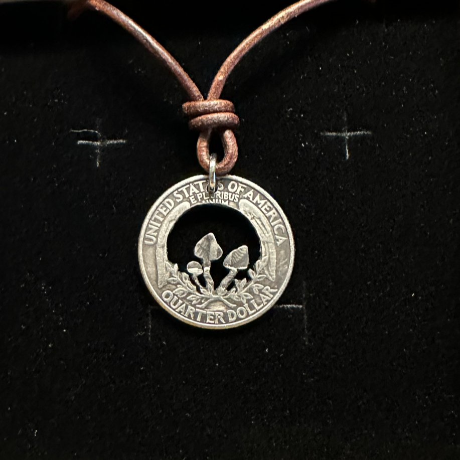 U.S. Custom Mushroom Quarter Hand Cut Coin Necklace with leather cord - Mountainstruck Coin Jewelry