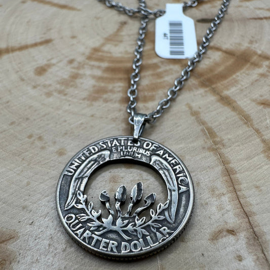 U.S. Custom Mushroom Quarter Hand Cut Coin Necklace with stainless chain on a wood background.- Mountainstruck Coin Jewelry