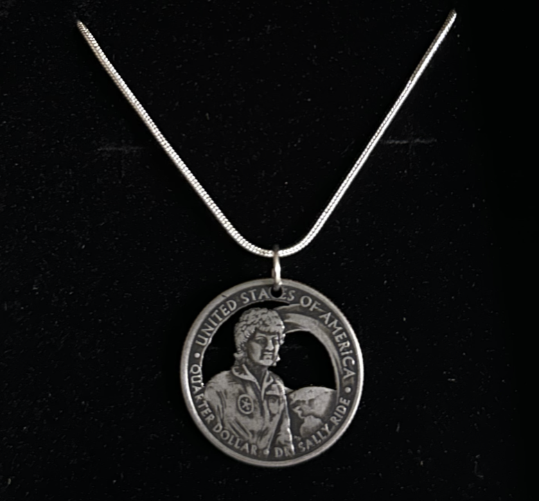 U.S. First American Woman in Space Hand Cut Coin Necklace with a snake chain - Mountainstruck Coin Jewelry