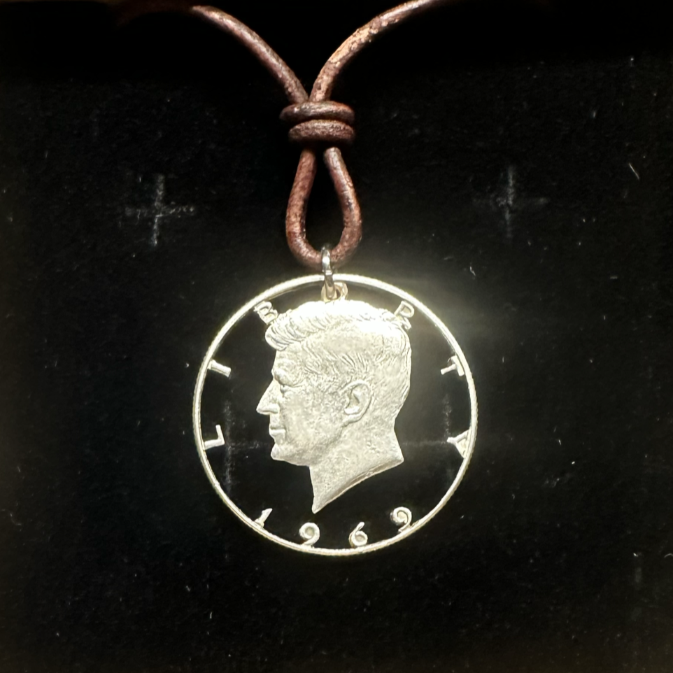 U.S. JFK Half Dollar Hand Cut Silver Coin Necklace with leather cord - Mountainstruck Coin Jewelry