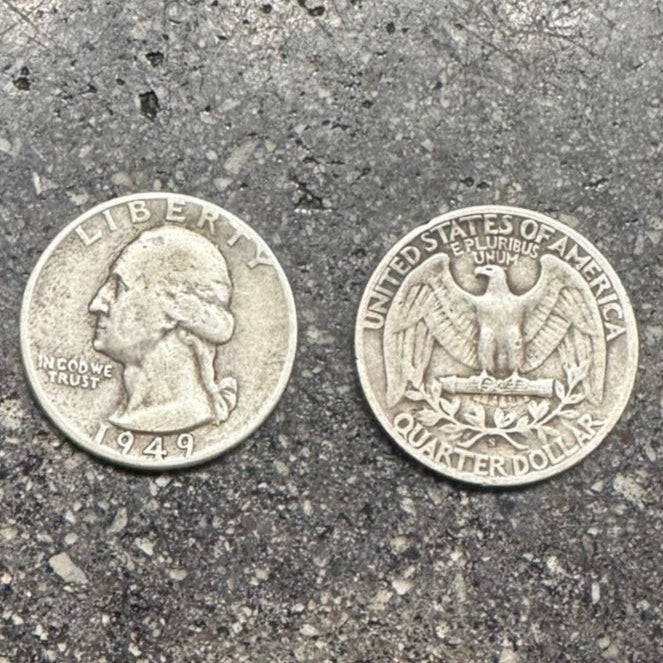 U.S. Silver Quarter Coin with front of coin on the left and back of coin on the right on a concrete background. - Mountainstruck Coin Jewelry