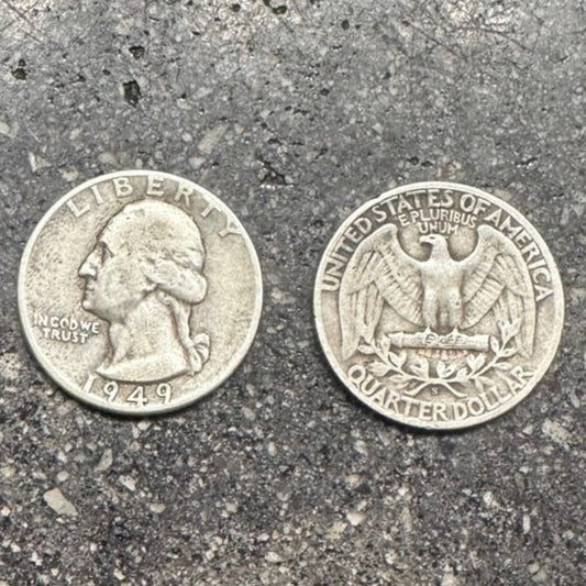 U.S. Silver Quarter Coin with front of coin on the left and back of coin on the right on a concrete background. - Mountainstruck Coin Jewelry