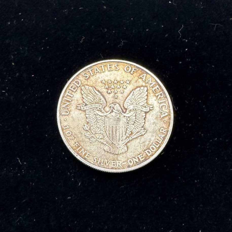 U.S. Silver Eagle coin back on a black velvet background. - Mountainstruck Coin Jewelry