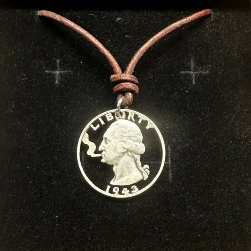 U.S. Smoking GW Quarter Silver Hand Cut Coin Necklace with a leather cord - Mountainstruck Coin Jewelry