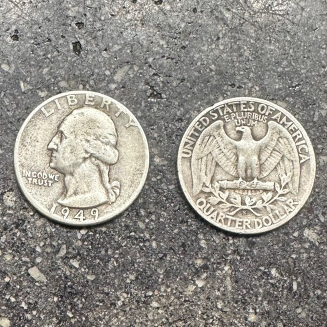 U.S. Silver Quarter front on left and back side of coin on right side of picture on a concrete background. - Mountainstruck Coin Jewelry