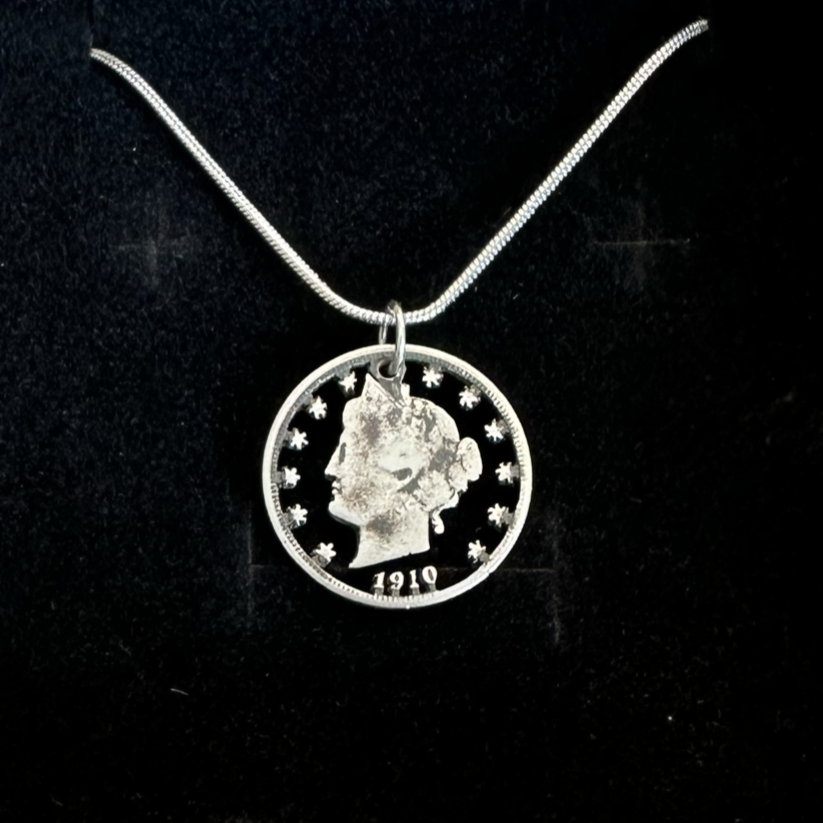 U.S. "V" Nickel Hand Cut Coin Necklace with a snake chain with a black velvet background. - Mountainstruck Coin Jewelry
