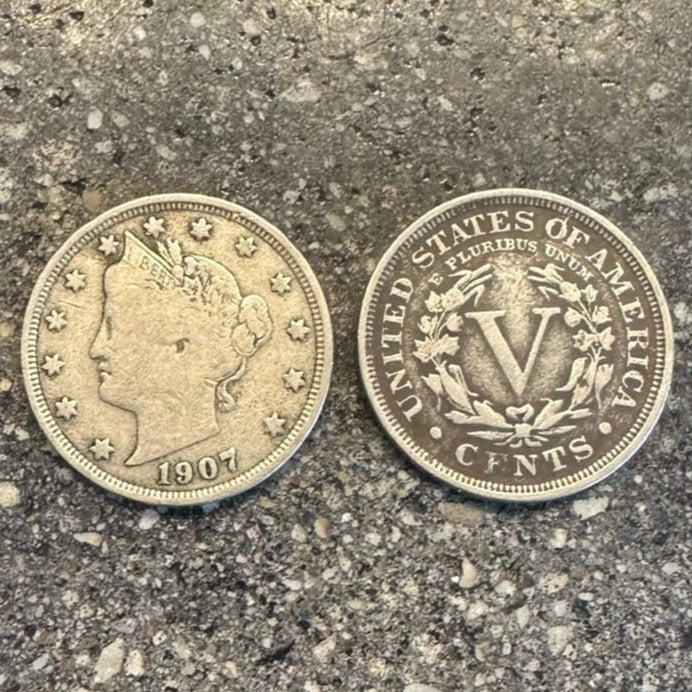 U.S. "V" Nickel Coin on a concrete background. Front side of the coin on the left side of the picture and back of coin on the right. - Mountainstruck Coin Jewelry